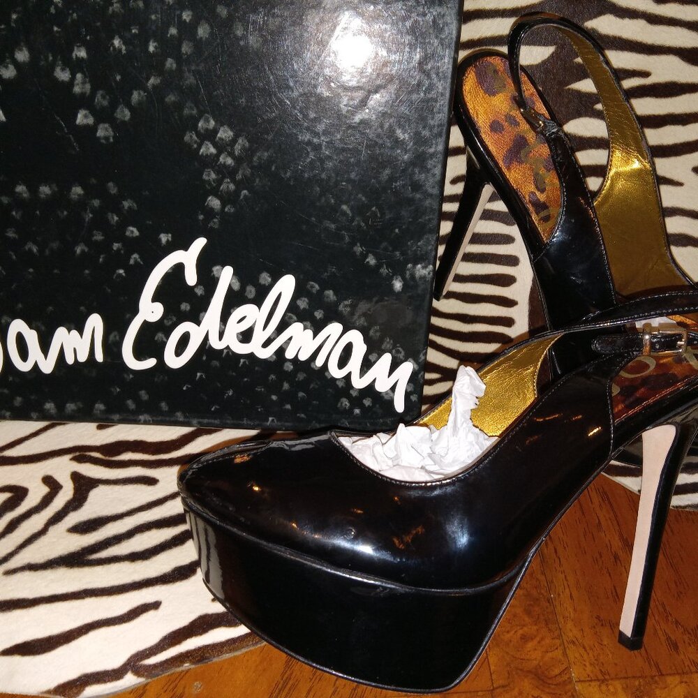 SAM EDELMAN BLACK PATENT LEATHER SLING- BACK STILTS